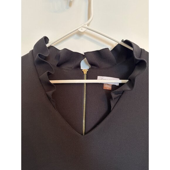 Calvin Klein Sheath Dress Gold Zip Back 16 Black Sleeveless Scuba Ruffle Neck - Picture 8 of 8